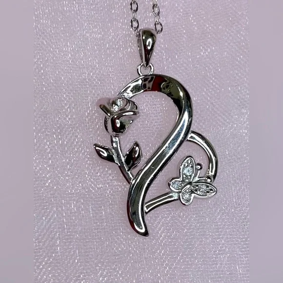 925 Sterling Silver Heart Rose Butterfly Pendant Necklace with Crystal Accents - Picture 9 of 15